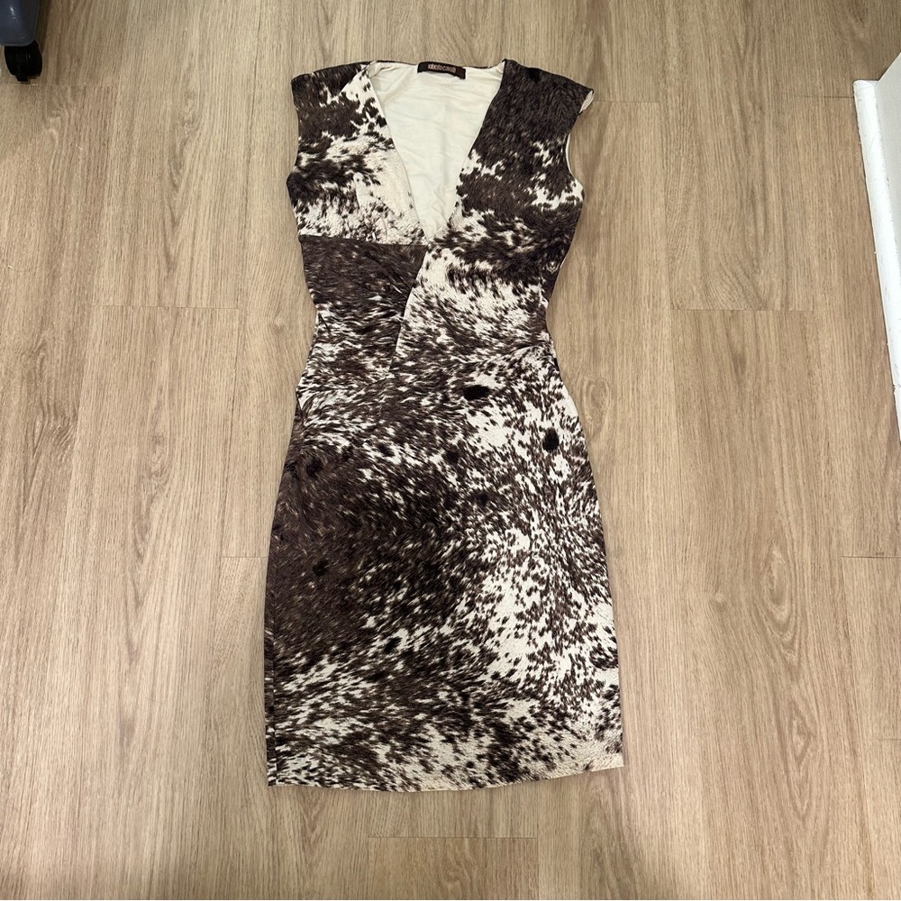 Roberto Cavalli Cow Hide Deep V Sheath Pencil Dress Animal Print Sleeveless